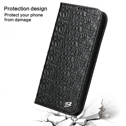 Fierre Shann Crocodile Texture magnétique Horizontal Horizontal Véritable étui en cuir avec support et fente pour carte pour iPhone 13 Pro (Noir) SF903A1218-08