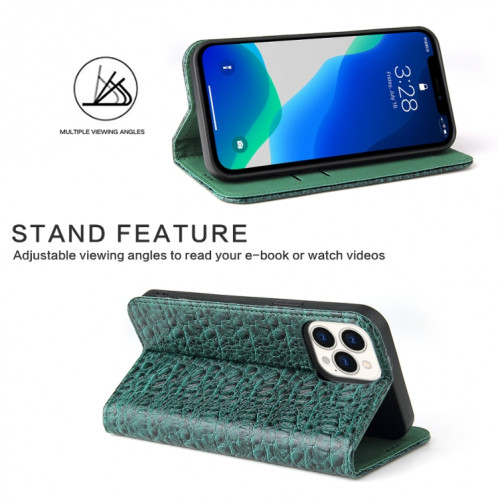 Fierre Shann Crocodile Texture magnétique Horizontal Horizontal Véritable étui en cuir avec support et fente pour carte pour iPhone 13 PRO (Vert) SF903B355-08