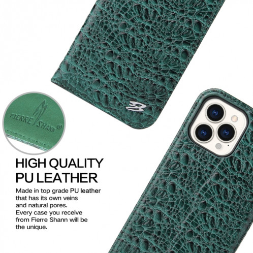 Fierre Shann Crocodile Texture magnétique Horizontal Horizontal Véritable étui en cuir avec support et fente pour carte pour iPhone 13 PRO (Vert) SF903B355-08