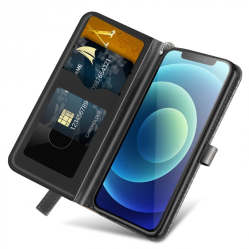 VIE D'ESCUSSION D'ESCOSSING HORIZONTAL ROCK CUIR Coffret avec support & carte Slot & Portefeuille et cadre photo et longe pour iPhone 13 (noir) SH602D1614-07