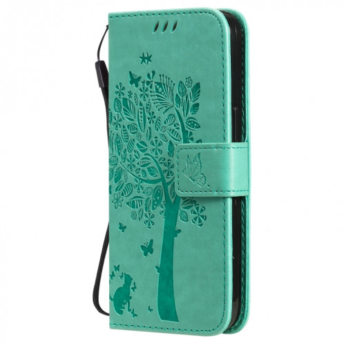Tree & Cat motif pressé Impression Horizontale Flip PU Coque en cuir PU avec support & carte Slots & Portefeuille et longe pour iPhone 13 (Vert) SH902A1721-07