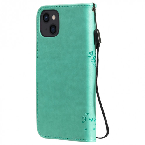 Tree & Cat motif pressé Impression Horizontale Flip PU Coque en cuir PU avec support & carte Slots & Portefeuille et longe pour iPhone 13 (Vert) SH902A1721-07