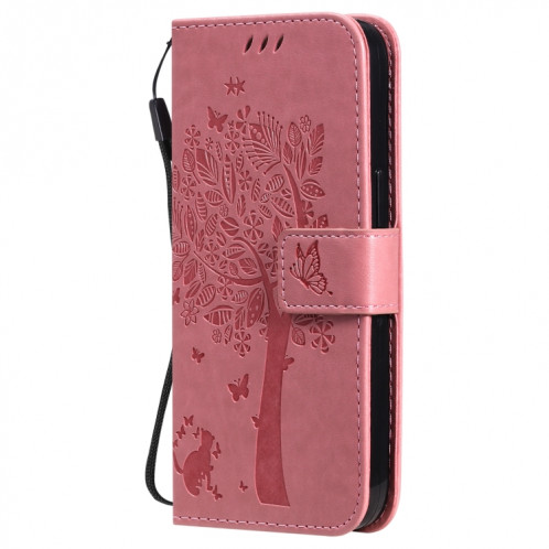 Tree & Cat motif pressé Impression Horizontale Flip PU Housse en cuir PU avec porte-carte et portefeuille et lanière pour iPhone 13 (rose) SH902C521-07