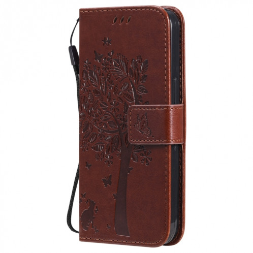 Tree & Cat motif pressé Impression Horizontale Flip PU Coque en cuir PU avec support & carte Slots & Portefeuille et longe pour iPhone 13 (Brown) SH902D531-07