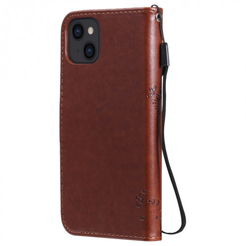 Tree & Cat motif pressé Impression Horizontale Flip PU Coque en cuir PU avec support & carte Slots & Portefeuille et longe pour iPhone 13 (Brown) SH902D531-07
