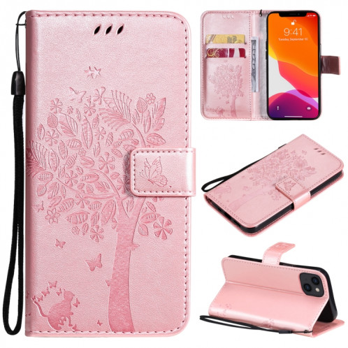 Tree & Cat motif pressé Impression Horizontale Flip PU Coque en cuir PU avec support et carte de portefeuille et portefeuille et longe pour iPhone 13 (or rose) SH902G1648-07