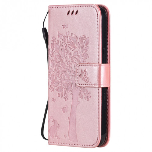 Tree & Cat motif pressé Impression Horizontale Flip PU Coque en cuir PU avec support et carte de portefeuille et portefeuille et longe pour iPhone 13 (or rose) SH902G1648-07