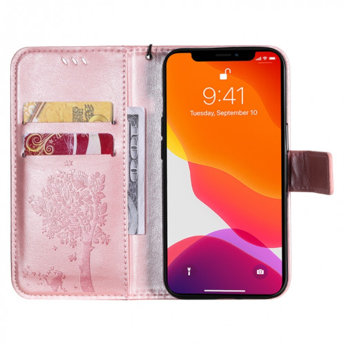 Tree & Cat motif pressé Impression Horizontale Flip PU Coque en cuir PU avec support et carte de portefeuille et portefeuille et longe pour iPhone 13 (or rose) SH902G1648-07
