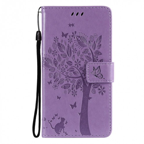 Modèle d'arbres et de chat imprimé imprimé horizontal Flip PU étui en cuir PU avec porte-carte et portefeuille et lanière pour iPhone 13 (violet clair) SH902J669-07