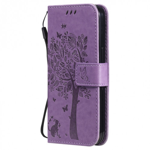Modèle d'arbres et de chat imprimé imprimé horizontal Flip PU étui en cuir PU avec porte-carte et portefeuille et lanière pour iPhone 13 (violet clair) SH902J669-07