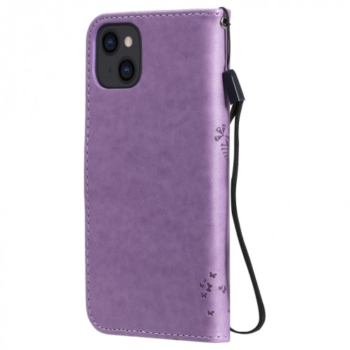 Modèle d'arbres et de chat imprimé imprimé horizontal Flip PU étui en cuir PU avec porte-carte et portefeuille et lanière pour iPhone 13 (violet clair) SH902J669-07