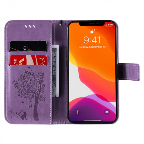 Modèle d'arbres et de chat imprimé imprimé horizontal Flip PU étui en cuir PU avec porte-carte et portefeuille et lanière pour iPhone 13 (violet clair) SH902J669-07