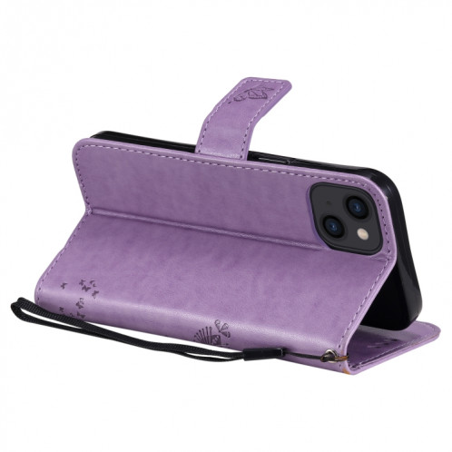 Modèle d'arbres et de chat imprimé imprimé horizontal Flip PU étui en cuir PU avec porte-carte et portefeuille et lanière pour iPhone 13 (violet clair) SH902J669-07