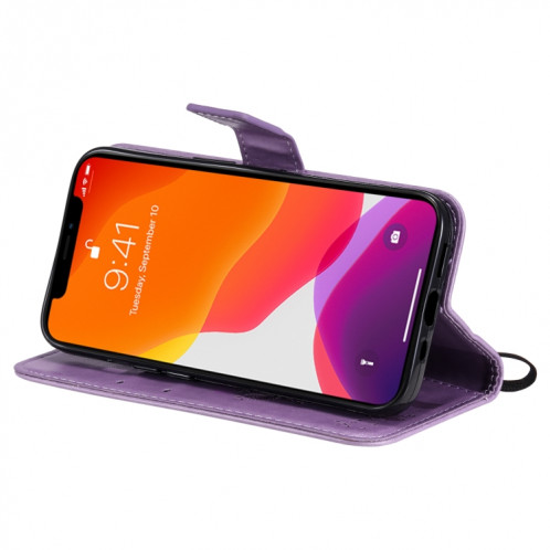 Modèle d'arbres et de chat imprimé imprimé horizontal Flip PU étui en cuir PU avec porte-carte et portefeuille et lanière pour iPhone 13 (violet clair) SH902J669-07
