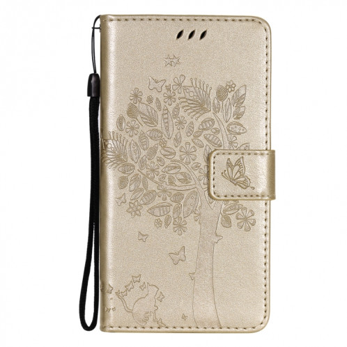 Tree & Cat motif pressé Impression Horizontale Flip PU Coque en cuir PU avec support & carte Slots & Portefeuille et longe pour iPhone 13 (or) SH902K401-07