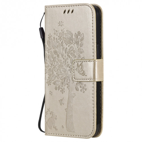 Tree & Cat motif pressé Impression Horizontale Flip PU Coque en cuir PU avec support & carte Slots & Portefeuille et longe pour iPhone 13 (or) SH902K401-07