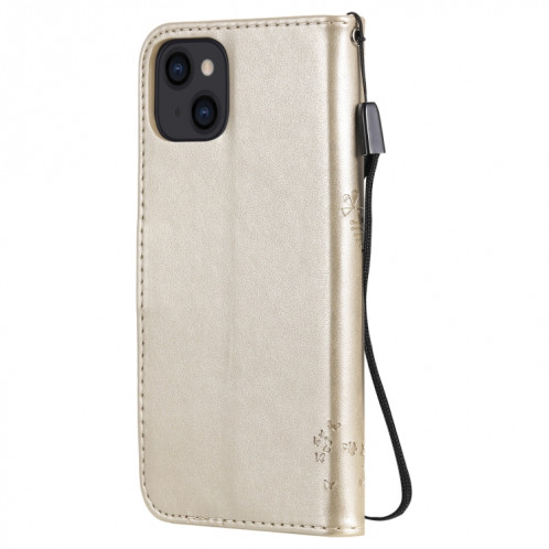 Tree & Cat motif pressé Impression Horizontale Flip PU Coque en cuir PU avec support & carte Slots & Portefeuille et longe pour iPhone 13 (or) SH902K401-07