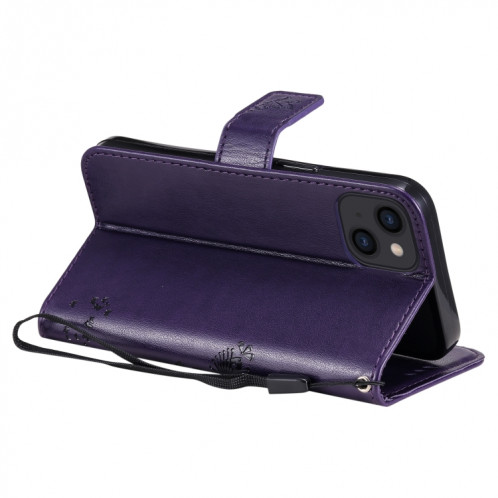 Tree & Cat motif pressé Impression Horizontale Flip PU Coque en cuir PU avec support & carte Slots & Portefeuille et longe pour iPhone 13 (violet) SH902L1366-07