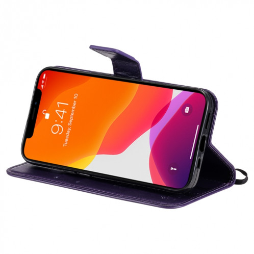 Tree & Cat motif pressé Impression Horizontale Flip PU Coque en cuir PU avec support & carte Slots & Portefeuille et longe pour iPhone 13 (violet) SH902L1366-07
