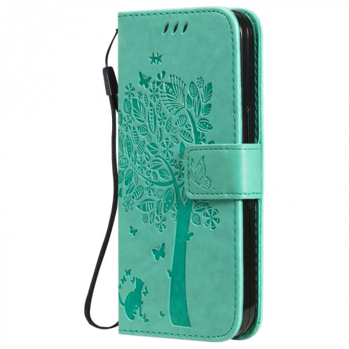 Modèle d'arbre et de chat imprimé imprimé horizontal case en cuir PU avec support et carte de portefeuille et portefeuille et longe pour iPhone 13 Pro (Vert) SH903A1595-07