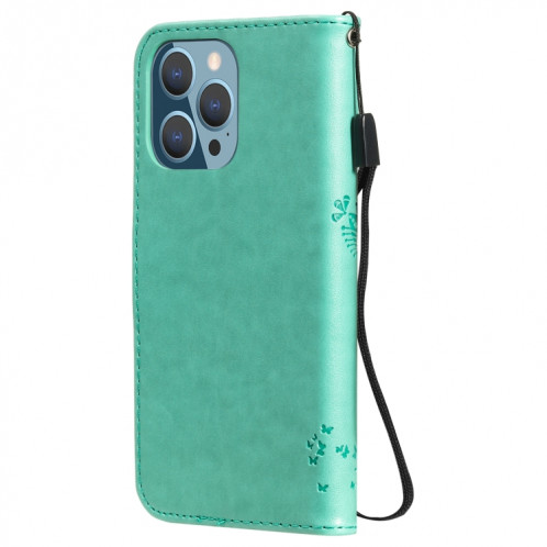 Modèle d'arbre et de chat imprimé imprimé horizontal case en cuir PU avec support et carte de portefeuille et portefeuille et longe pour iPhone 13 Pro (Vert) SH903A1595-07