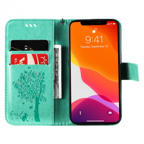 Modèle d'arbre et de chat imprimé imprimé horizontal case en cuir PU avec support et carte de portefeuille et portefeuille et longe pour iPhone 13 Pro (Vert) SH903A1595-07