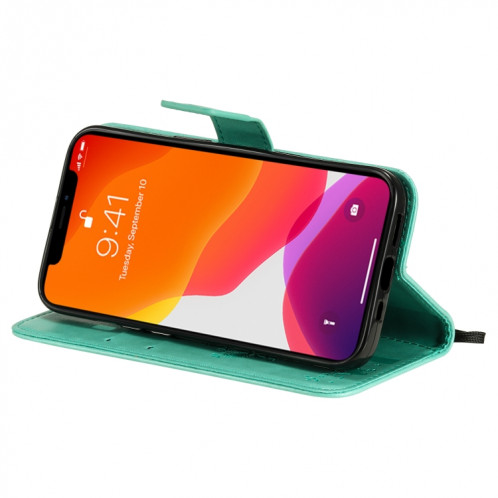 Modèle d'arbre et de chat imprimé imprimé horizontal case en cuir PU avec support et carte de portefeuille et portefeuille et longe pour iPhone 13 Pro (Vert) SH903A1595-07
