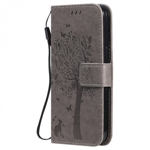 Tree & Cat Motif pressé Impression Horizontale Flip PU Coque en cuir PU avec support & carte Slots & Portefeuille et longe pour iPhone 13 PRO (gris) SH903B1650-07