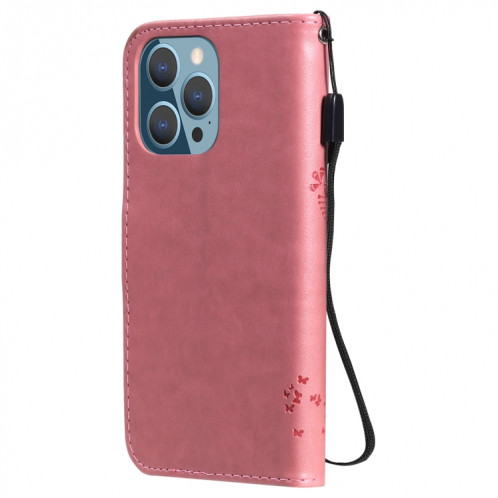 Tree & Cat motif pressé Impression Horizontale Flip PU Coque en cuir PU avec support & carte Slots & Portefeuille et longe pour iPhone 13 Pro (rose) SH903C1820-07