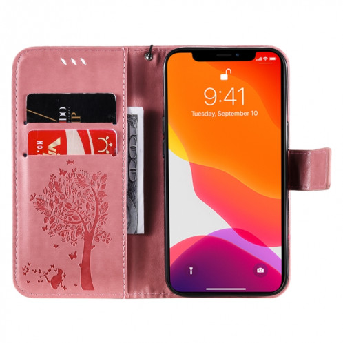 Tree & Cat motif pressé Impression Horizontale Flip PU Coque en cuir PU avec support & carte Slots & Portefeuille et longe pour iPhone 13 Pro (rose) SH903C1820-07