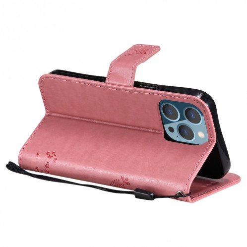 Tree & Cat motif pressé Impression Horizontale Flip PU Coque en cuir PU avec support & carte Slots & Portefeuille et longe pour iPhone 13 Pro (rose) SH903C1820-07