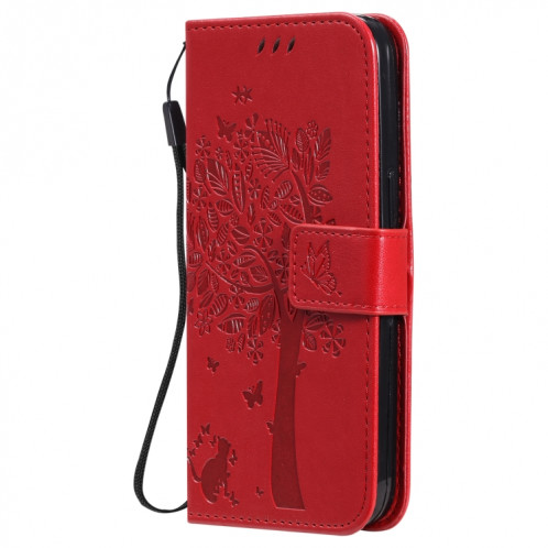 Tree & Cat motif pressé Impression Horizontale Flip PU Coque en cuir PU avec support & carte Slots & Portefeuille et longe pour iPhone 13 Pro (rouge) SH903E298-07