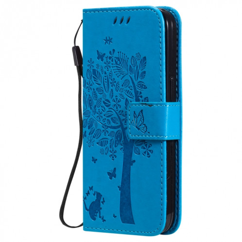 Modèle d'arbres et de chat imprimé imprimé horizontal case en cuir PU avec support et portefeuille de cartes et portefeuille et longe pour iPhone 13 Pro (Bleu) SH903F813-07