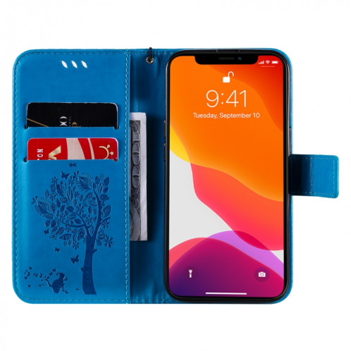 Modèle d'arbres et de chat imprimé imprimé horizontal case en cuir PU avec support et portefeuille de cartes et portefeuille et longe pour iPhone 13 Pro (Bleu) SH903F813-07