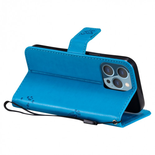 Modèle d'arbres et de chat imprimé imprimé horizontal case en cuir PU avec support et portefeuille de cartes et portefeuille et longe pour iPhone 13 Pro (Bleu) SH903F813-07