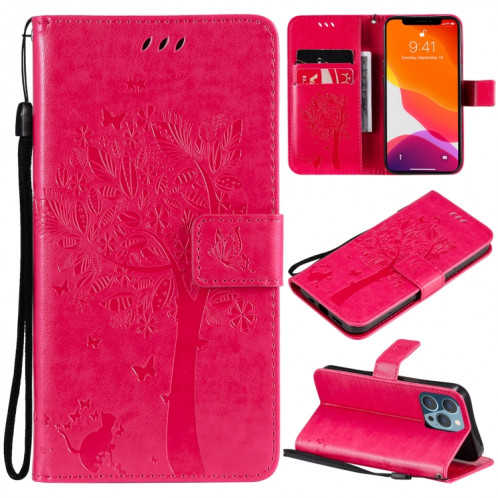 Modèle d'arbre et de chat imprimé imprimé horizontal horizontal case en cuir PU avec support et carte de portefeuille et portefeuille et longe pour iPhone 13 Pro (Rose Rouge) SH903H439-07