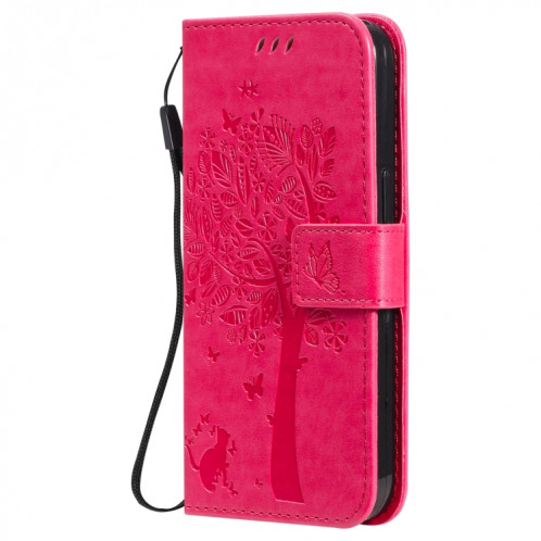Modèle d'arbre et de chat imprimé imprimé horizontal horizontal case en cuir PU avec support et carte de portefeuille et portefeuille et longe pour iPhone 13 Pro (Rose Rouge) SH903H439-07