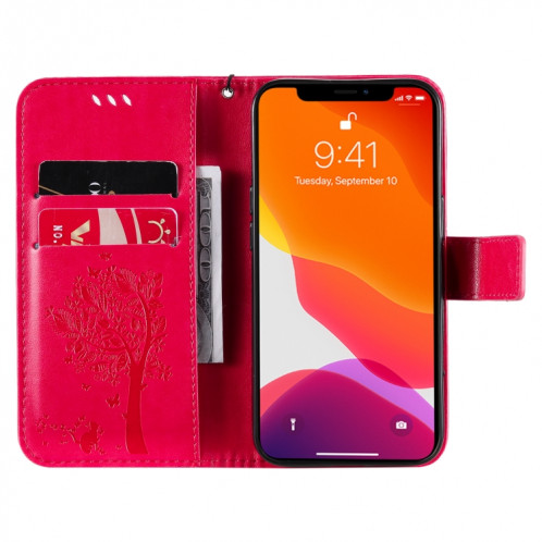 Modèle d'arbre et de chat imprimé imprimé horizontal horizontal case en cuir PU avec support et carte de portefeuille et portefeuille et longe pour iPhone 13 Pro (Rose Rouge) SH903H439-07