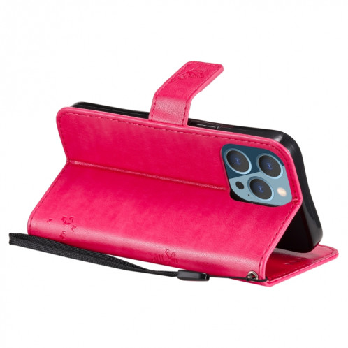 Modèle d'arbre et de chat imprimé imprimé horizontal horizontal case en cuir PU avec support et carte de portefeuille et portefeuille et longe pour iPhone 13 Pro (Rose Rouge) SH903H439-07