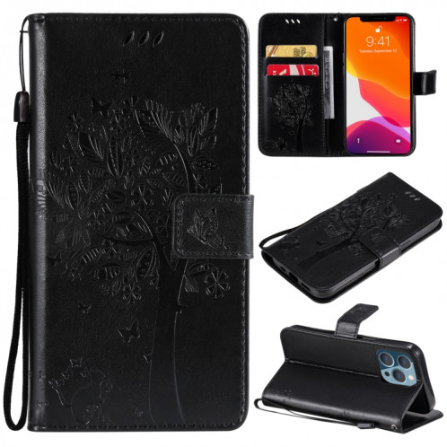 Tree et chat motif pressé Impression Horizontale Flip PU Housse en cuir PU avec support & carte Slots & Portefeuille et longe pour iPhone 13 PRO (Noir) SH903I1610-07