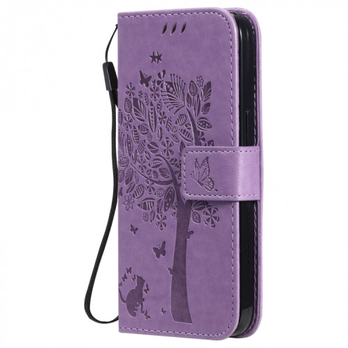 Tree et chat motif pressé Impression Horizontale Flip PU Coque en cuir PU avec support & carte Slots & Portefeuille et longe pour iPhone 13 Pro (Violet léger) SH903J782-07