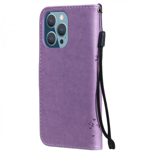 Tree et chat motif pressé Impression Horizontale Flip PU Coque en cuir PU avec support & carte Slots & Portefeuille et longe pour iPhone 13 Pro (Violet léger) SH903J782-07