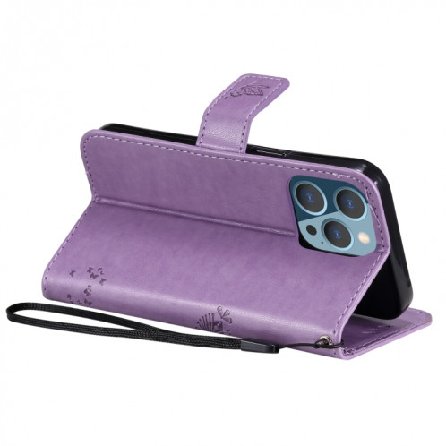 Tree et chat motif pressé Impression Horizontale Flip PU Coque en cuir PU avec support & carte Slots & Portefeuille et longe pour iPhone 13 Pro (Violet léger) SH903J782-07