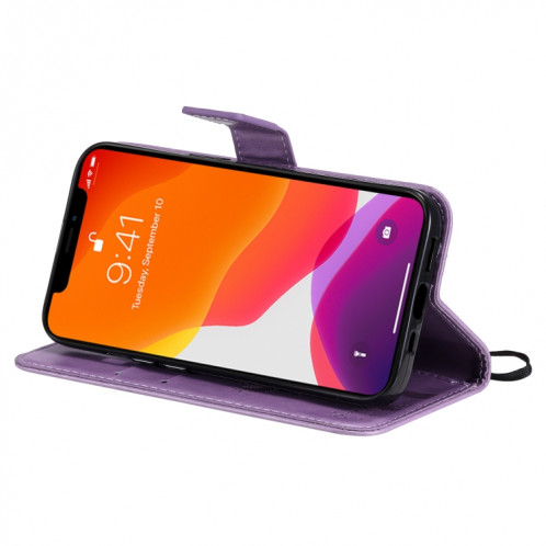 Tree et chat motif pressé Impression Horizontale Flip PU Coque en cuir PU avec support & carte Slots & Portefeuille et longe pour iPhone 13 Pro (Violet léger) SH903J782-07