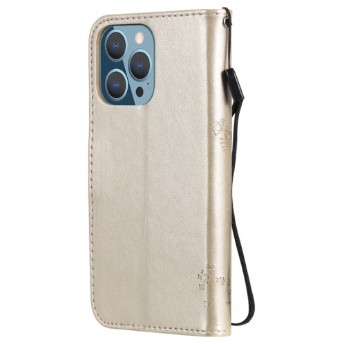 Modèle d'arbre et de chat imprimé imprimé horizontal case en cuir PU avec support & carte Slots & Portefeuille et longe pour iPhone 13 Pro (Or) SH903K766-07