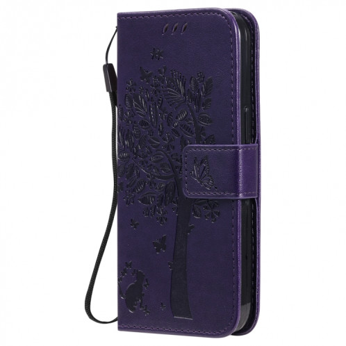 Tree & Cat motif pressé Impression Horizontale Flip PU Coque en cuir PU avec support & carte Slots & Portefeuille et longe pour iPhone 13 Pro (violet) SH903L182-07