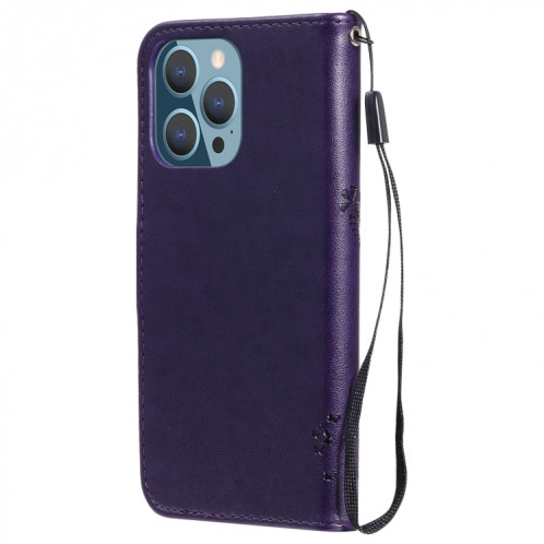 Tree & Cat motif pressé Impression Horizontale Flip PU Coque en cuir PU avec support & carte Slots & Portefeuille et longe pour iPhone 13 Pro (violet) SH903L182-07