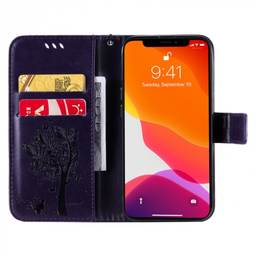 Tree & Cat motif pressé Impression Horizontale Flip PU Coque en cuir PU avec support & carte Slots & Portefeuille et longe pour iPhone 13 Pro (violet) SH903L182-07