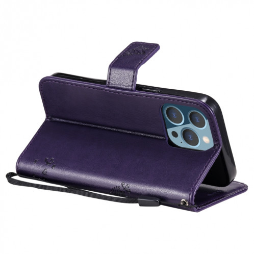Tree & Cat motif pressé Impression Horizontale Flip PU Coque en cuir PU avec support & carte Slots & Portefeuille et longe pour iPhone 13 Pro (violet) SH903L182-07