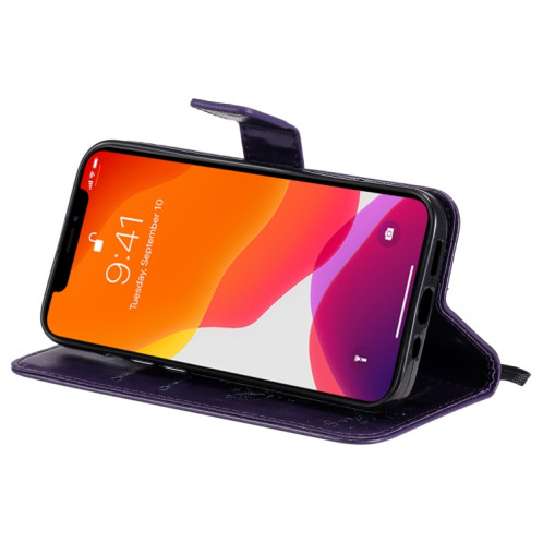 Tree & Cat motif pressé Impression Horizontale Flip PU Coque en cuir PU avec support & carte Slots & Portefeuille et longe pour iPhone 13 Pro (violet) SH903L182-07
